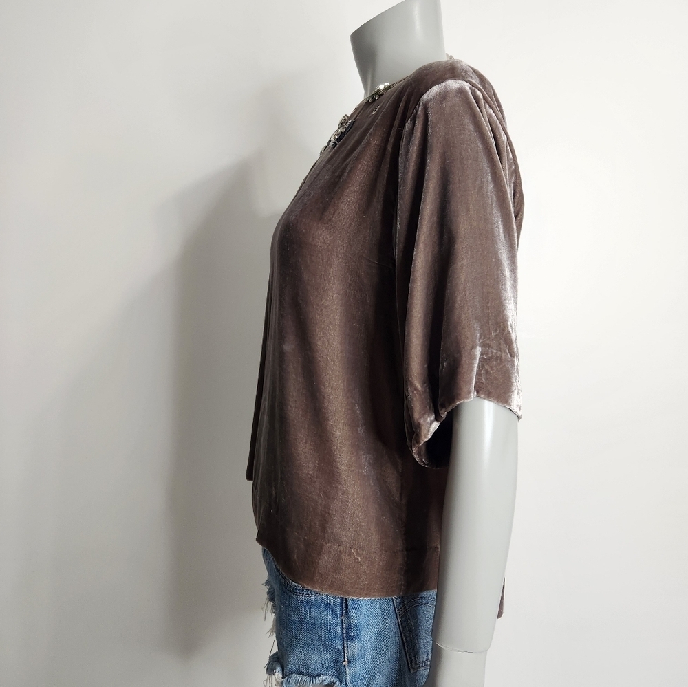 Dorothee Schumacher Jewel Collar Brown Velvet Silk Short Sleeve Blouse Size M - Picture 8 of 13